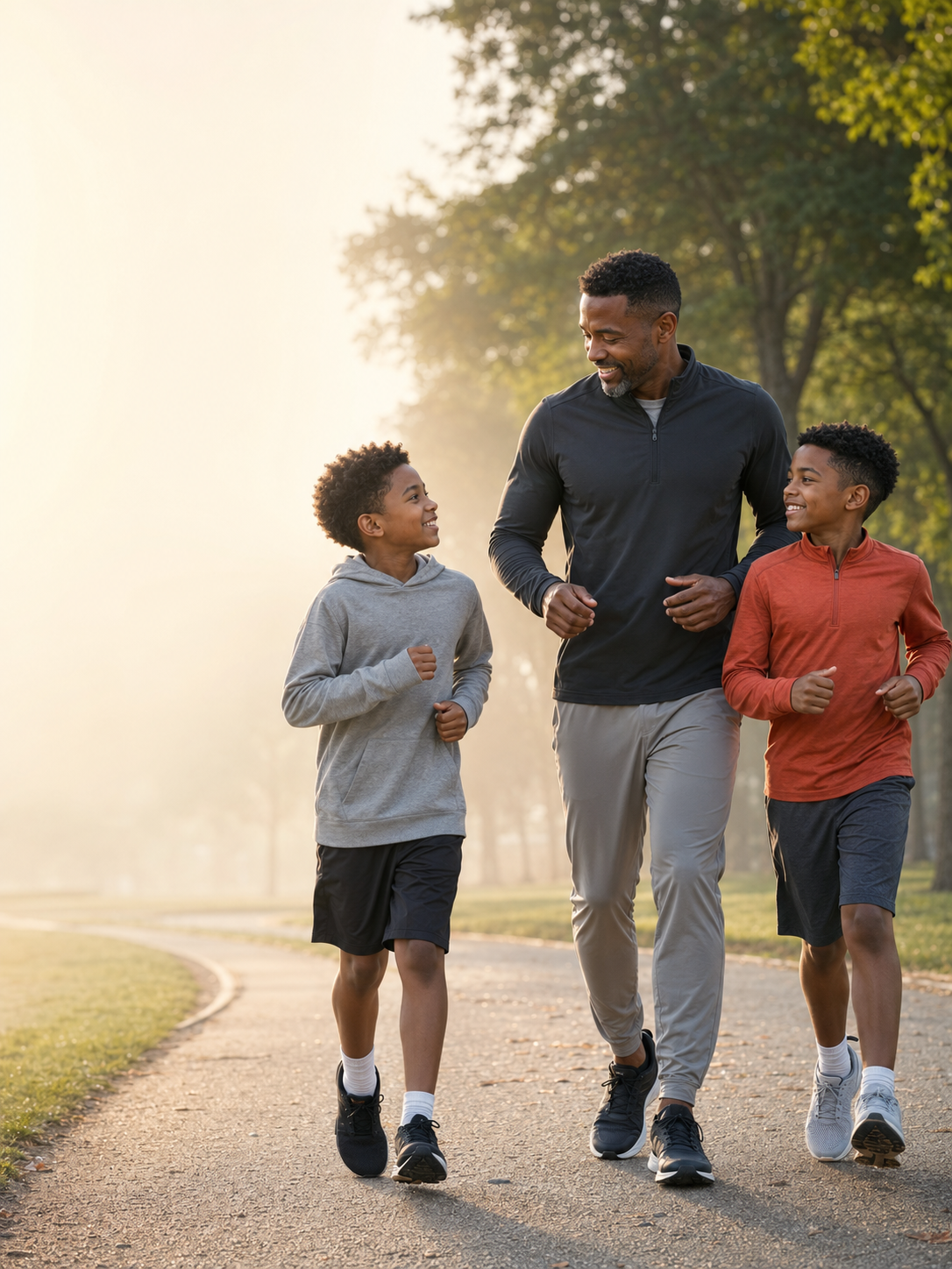 A father moving outdoors with his two sons